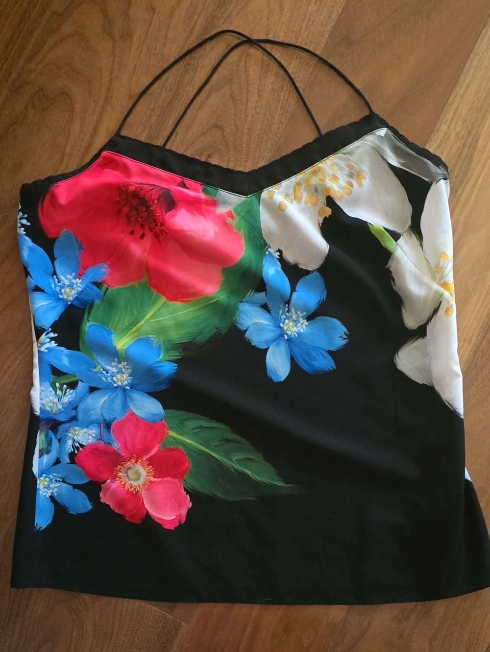 Ted Baker Black Floral Slip Top with Pink & Green Accents